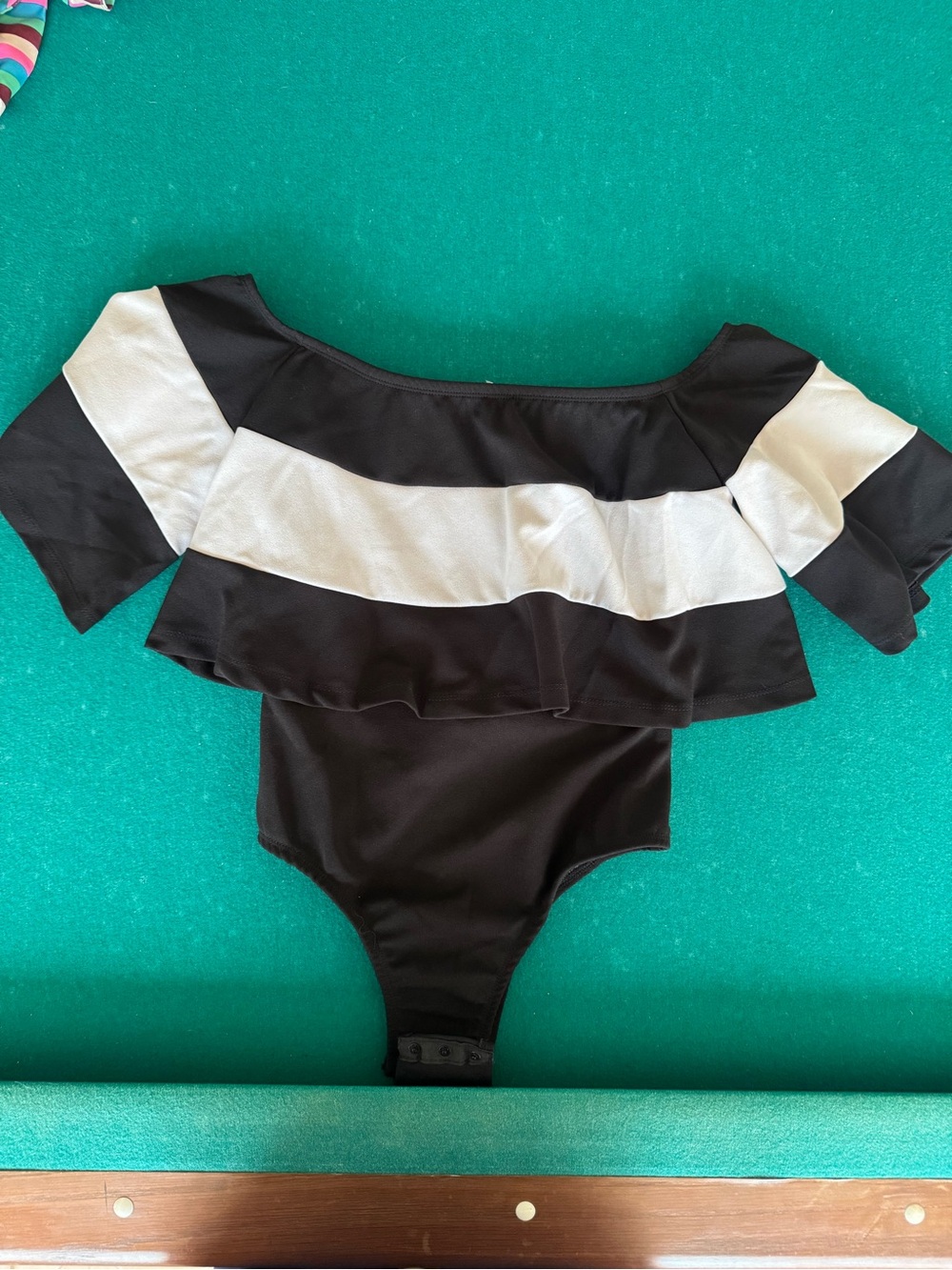 Black and White Ruffle Off-Shoulder Bodysuit